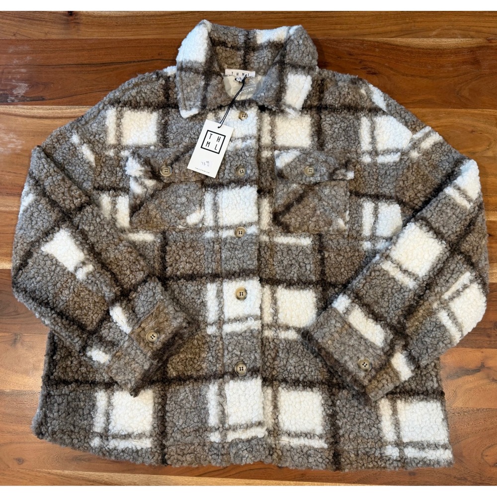 THML Plaid Faux Shearling Shacket Brown White Check Teddy Jacket WCT1581-T M